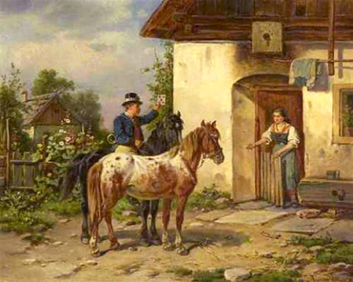 Gemälde: aus ihrem Häuschen kommende Bäuerin streckt Boten die Hand entgegen - 1889