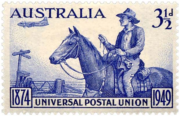 Briefmarke (1949, Australien): Postreiter auf dem Land