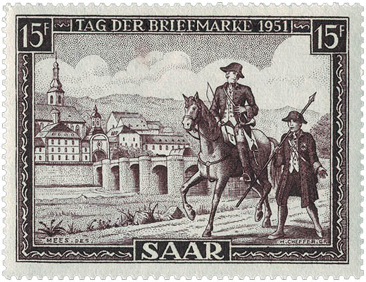 Saar-Briefmarke (1951): Bote zu Pferd neben Bote zu Fuß auf Stück gemeinsamen Weges