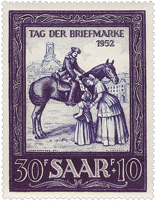 Saar-Briefmarke (1952): Bote auf Pferd reicht Mädel einen Brief herunter