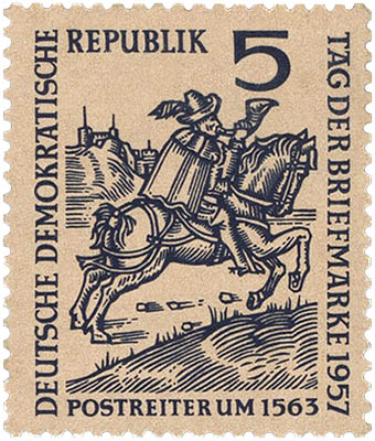 Briefmarke: Bote reitet ins Horn blasend über Land - 1563