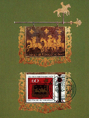 Karte + Marke mit Posthausschild, darauf 3 Königl. Postreiter