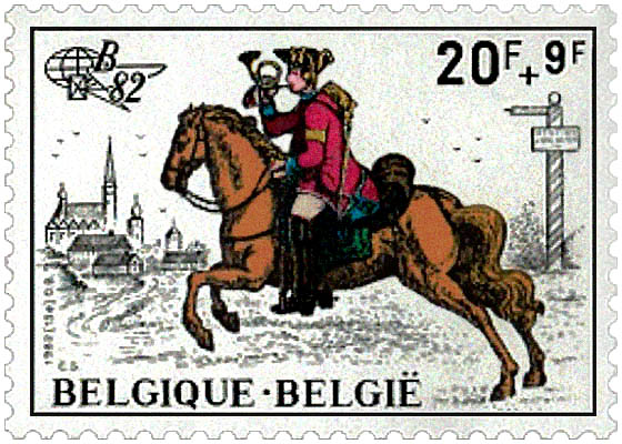 Briefmarke: Bote reitet ins Horn blasend auf eine Stadt zu - 18. Jh