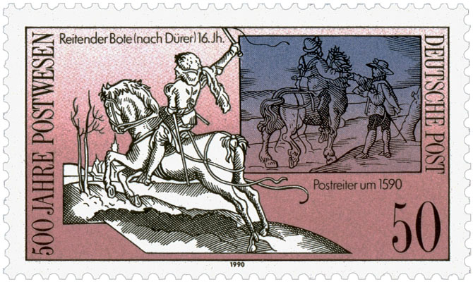 Briefmarke: 1. Dürer's 'Kleiner Postreiter' / 2. weiterer reitender Bote - 16. Jh