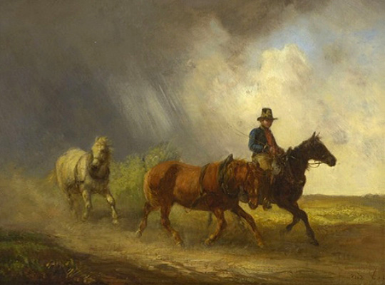 Gemälde: reitender Bote mit 2 weiteren Pferden im Schlepptau eilt vor Unwetter davon - 1850