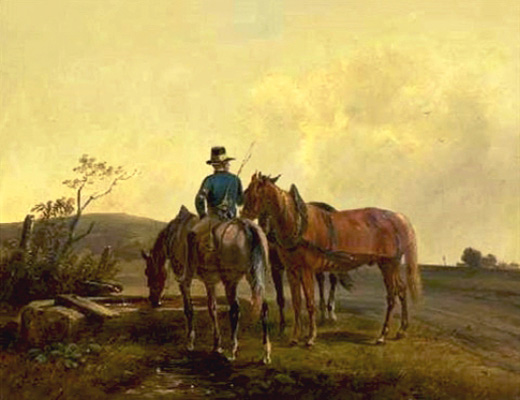 Gemälde: Bote mit 3 Pferden bei aufsteigendem Nebel an einer Tränke - 1850