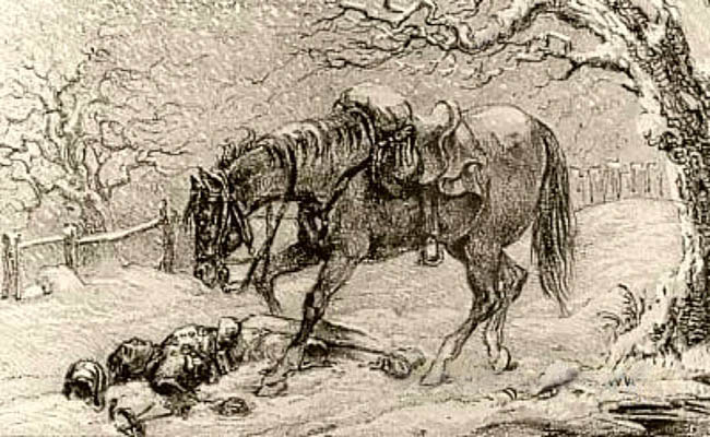 Kohlezeichnung: Pferd über den im Schnee liegenden Toten gebeugt - 1860