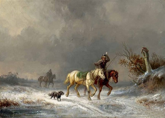 Gemälde: 2 Boten kämpfen sich mit ihren Pferden durch Schneegestöber - 1860