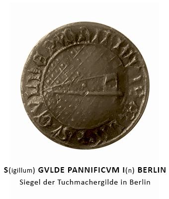 Rundsiegel: mittig Weberschiff auf gemustertem Tuch / umlaufender Text: S(igillum) GVLDE PANNIFICV(m) I(n) BERLIN - 1442