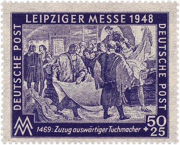 DDR-Briefmarke (1948): Tucher begutachten gegenseitig ihre Ware - 1469