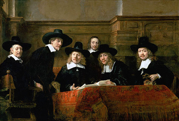 Gemälde: 6 vornehm gekleidete Zunftmeister beraten sich um einen Tisch versammelt