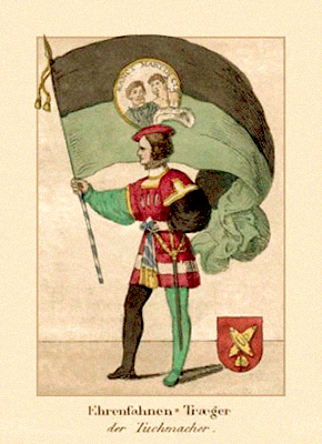 kolorierter Stich: Mann schwingt eine Tuchmacher-Fahne - 1835