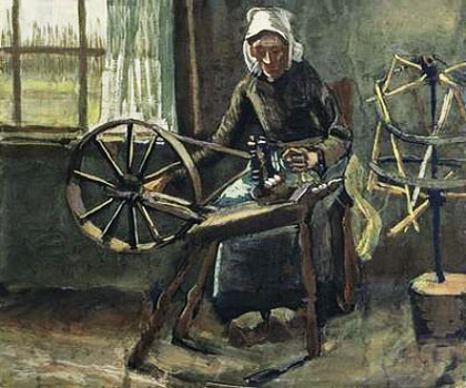 Gemälde: Frau spinnt Wolle - um 1880