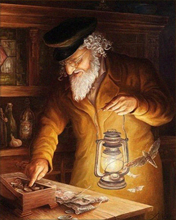 Gemälde: Mann mit Petroleumlampe in einer Hand überprüft Geldbestand - 19. Jh