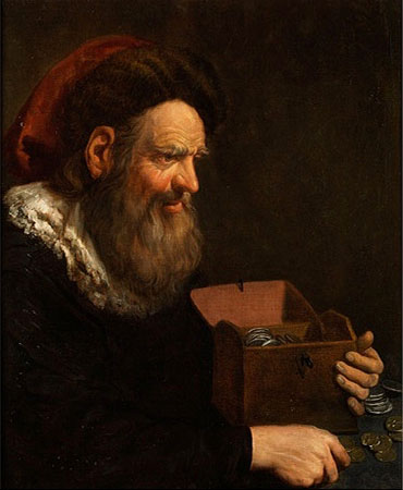 Gemälde: Mann an Tisch zählt Münzen in kl. Truhe - 1650