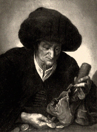 sw Gemäldefoto: vornehmer Alter mit Lederbeutel zählt Münzen - 1650