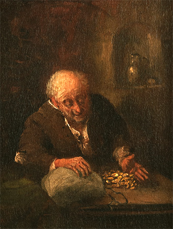 Gemälde: Mann zählt Goldmünzen in Säckchen - 1880