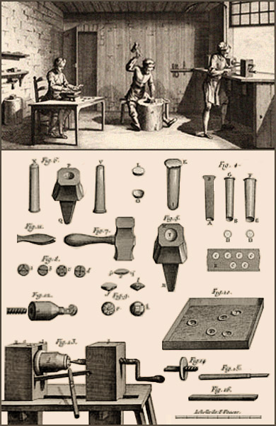 Kupferstich: Knopfmacher und ihr Werkzeug im 18. Jh