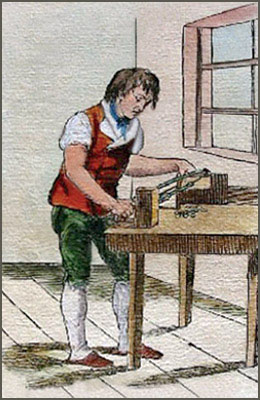kolorierte Zeichnung: Knopfmacher arbeitet stehend an Tisch vor Fenster