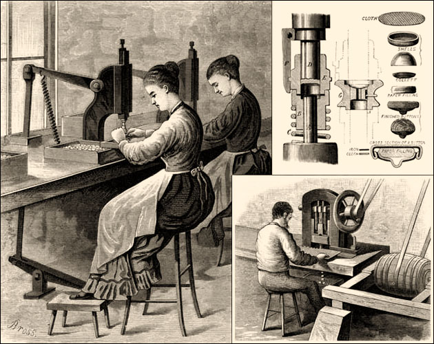 Kupferstich: zwei Frauen an Knopfpressen und Mann an Knopfstanze arbeitend