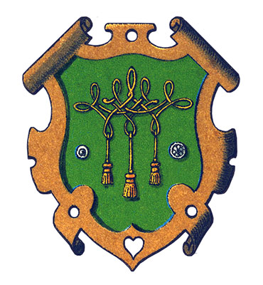 Wappen: Knöpfe u. verschlungene Kordel mit Quasten auf grünem Grund