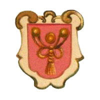 Wappen: Knöpfe und Kordel mit Quaste auf rotem Grund