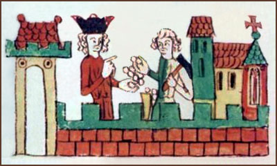 Buchmalerei: Münzer übergibt König Münzen - 1330
