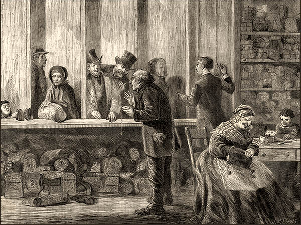 Zeichnung: 2 Pfandleiher in Raum voller Pfäder u. in Kabinen hinter Tresen Wartende -1871, Engl.