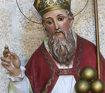 Hist. Darstellung: Der Heilige Nikolaus mit 3 goldenen Kugeln (Äpfeln)