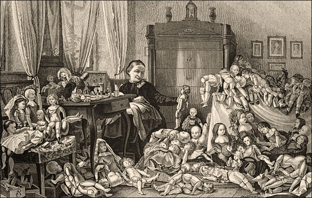 Kupferstich: Frau inmitten vieler, zu reparierender Puppen sitzend - 1874