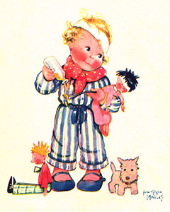 Farblitho: kl. Junge verabreicht kranker Puppe Medizin - 1939, Frankr.