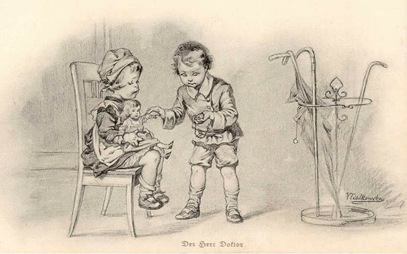 Zeichnung: Bub mit Taschenuhr misst Puls bei Puppe -1910, Österr.