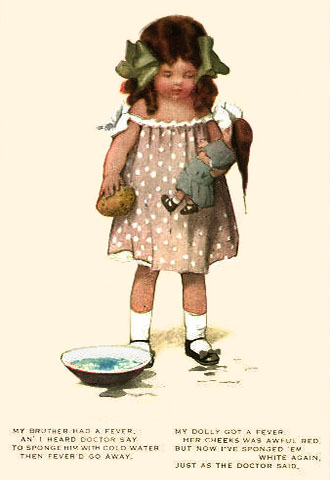 Künstlerkarte: Fräulein Doktor kühlt fiebrige Puppe mit Schwamm - 1920, Engl.