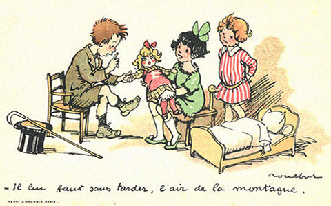 Farblitho: Kinder spielen Puppendoktor - 1920, Frankr.