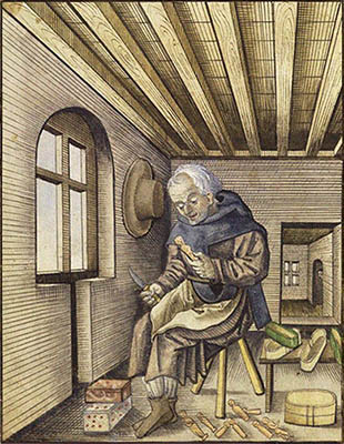 Buchmalerei: Bruder schnitzt Docken - 1558