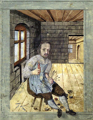 Buchmalerei: Bruder bemalt eine Docke - 1654