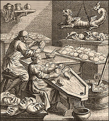 Kupferstich: Mann u. Frau fertigen Pappköpfe für Puppen - 1698