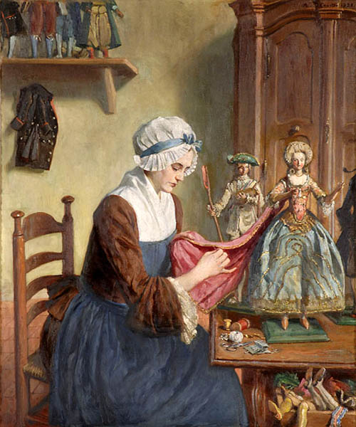 Gemälde: Puppenmacherin näht an Puppenkleidung - 1880