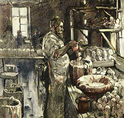 teilkolorierter Holzstich: Puppenmacher wachst Puppenköpfe in seiner Werkstatt - 1895