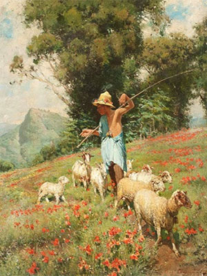 Gemälde: Hütejunge mit Ziegen auf Blumenwiese unterwegs