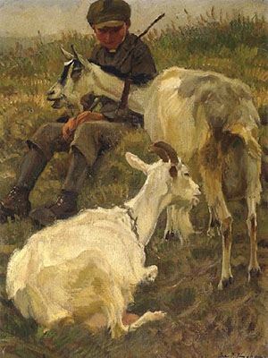 Gemälde: Hütejunge auf Wiese bei den Ziegen sitzend