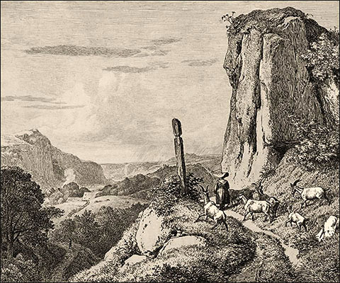 Kupferstich: Hirtin mit Ziegen unterwegs im Gebirge - 1815