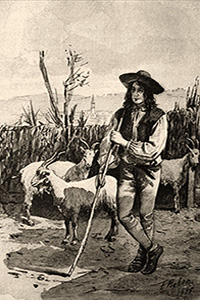 Holzstich: auf Stab gestützter Hirte mit Ziegen - 1890, Italien