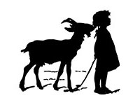Silhouettenbild: Ziege zupft kl. Mädchen an den Zöpfen