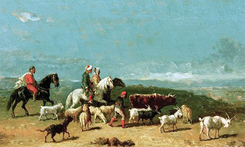 Gemälde: Ziegenherde in weiter Landschaft