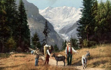 Gemälde: Bauern unterwegs mit 2 Ziegen als Lasttiere - 1900
