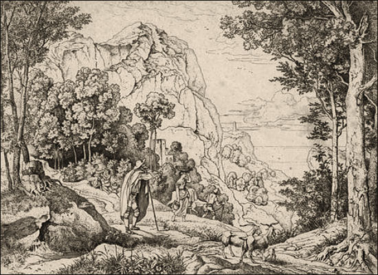 Kupferstich: Hirte mit Ziegen blickt ins Tal - 1828
