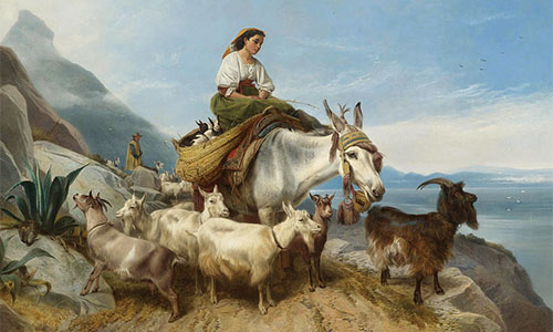 Gemälde: Hirtenpaar mit Ziegen auf dem Fels von Gibraltar