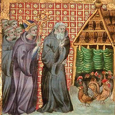 Buchmalerei: Mönche zeigen Bischof ihren Hühnerstall - 1387