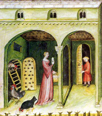 Buchmalerei: Hühner in Stall mit Hühnerleiter unter Bogengang - 1390